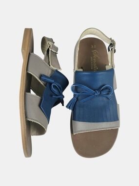 Sonatina Girls Blue and Gray Fringe Bow Leather Sandals